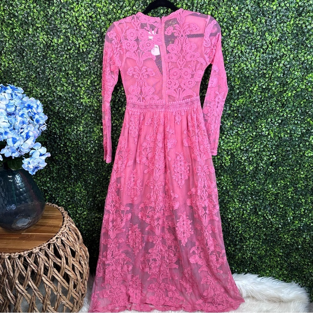 pink lacey embroidered sheer sleeve and back maxi‎ dress nwt - Picture 4 of 12